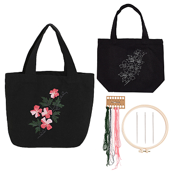 DIY Ethnic Style Embroidery Canvas Bags Kits, Including Plastic Imitation Bamboo Embroidery Hoop, Needle, Threads, Fabric, Flower Pattern, 360mm