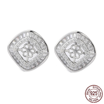 Rhodium Plated 925 Sterling Silver Stud Earring Findings, with Clear Cubic Zirconia, Square, for Half Drilled Beads, with S925 Stamp, Real Platinum Plated, 12x12mm, Pin: 10.5x0.9mm and 0.1mm