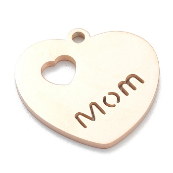 304 Stainless Steel Pendants, Heart with Word Mom, for Mother's Day, Rose Gold, 19x20x1.5mm, Hole: 1.6mm