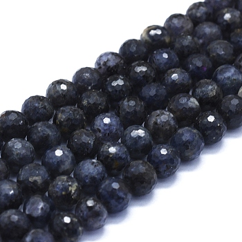 Natural Iolite Beads Strands, 128 Faceted, Round, 10mm, Hole: 1mm, about 39pcs/Strand, 15 inch(38 cm)
