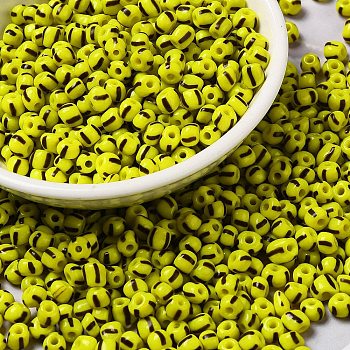 6/0 Opaque Colours Seep Glass Seed Beads, Round Hole, Round with Stripe Pattern, Yellow Green, 3~4.5x3~4.5mm, Hole: 1.2~1.5mm, about 450g/bag