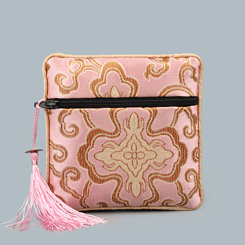 Chinese Style Square Cloth Zipper Pouches, with Random Color Tassels and Auspicious Clouds Pattern, Pink, 12~13x12~13cm
