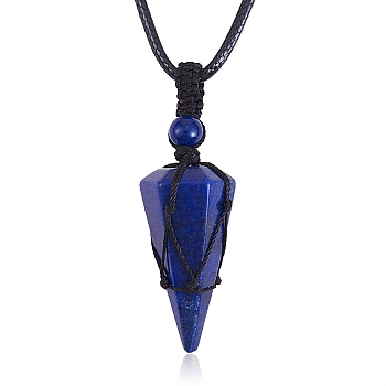 Natural Lapis Lazuli Cone Braided Pendant Necklace, Gemstone Wrapped Jewelry for Women, 31.18 inch~33 inch(79.2~84cm)
