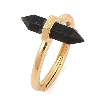 Double Pointed Hexagonal Prism Natural Obsidian Adjustable Rings for Women, Ion Plating(IP) Brass Rings, Golden, Hexagonal Prism: 17x7.5mm, US Size 6(16.5mm)