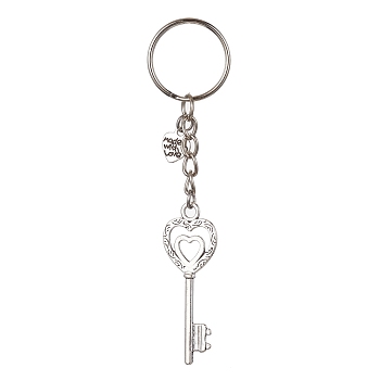 Iron Split Keychains, with Alloy Pendants, Key & Heart, Antique Silver, 10.4cm