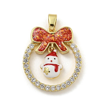 Christmas Brass Micro Pave Cubic Zirconia Pendant, with Enamel and Synthetic Opal, Christmas Wreath, FireBrick, 25.5x22.5x5mm, Hole: 5x3mm