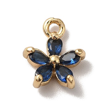 Brass Cubic Zirconia Flower Charms, Real 18K Gold Plated, Bauhinia Charm, Marine Blue, 10x8x3mm, Hole: 1.2mm