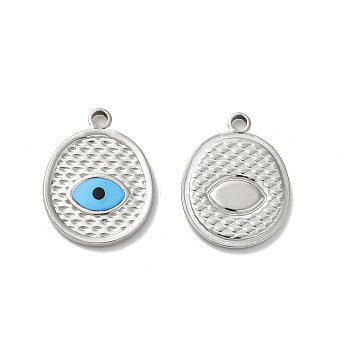 304 Stainless Steel Enamel Pendants, Flat Round with Evil Eye Charm, Stainless Steel Color, 20x15x2mm, Hole: 2mm