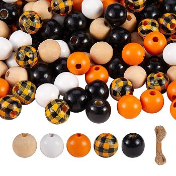 200Pcs Wooden Beads, Bundle Jute Cord, for DIY Stretch Bracelet Finding Kits, Dark Orange, Beads: 200pcs