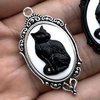 Tibetan Style Alloy Enamel Pendants, Oval with Cat Charm, Antique Silver, 43x23mm