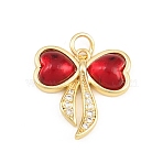 Brass Micro Pave Red Cubic Zirconia Pendants, Bowknot Charms, Golden, 18x18x5mm, Hole: 3mm(KK-E798-05G)