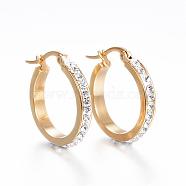 304 Stainless Steel Hoop Earrings, with Polymer Clay and Rhinestone, Ring, Golden, Crystal, 22x21x3.5mm, Pin: 1x0.8mm(EJEW-N0031-11G)