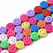 Handmade Polymer Clay Beads Strands, for DIY Jewelry Crafts Supplies, Flat Round with Smiling Face, Mixed Color, 9~9.5x4~5mm, Hole: 1.8mm, about 37~38pcs/strand, 15.75 inch~16.14 inch(40~41cm)(X-CLAY-N008-049)