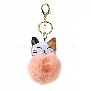 Imitation Rex Rabbit Fur Ball & PU Leather Cat Pendant Keychain, with Alloy Clasp, for Bag Car Pendant Decoration, Light Salmon, 16cm(X1-KEYC-K018-05KCG-02)
