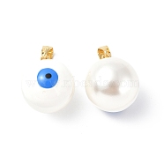 Shell Enamel Pendants, with Real 18K Gold Plated Brass Findings, Long-Lasting Plated, Round with Evil Eye Charm, White, 20x16x17mm, Hole: 3.5x4.5mm(KK-G449-02J)