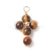 Natural Tiger Eye Copper Wire Wrapped Pendants, Religion Cross Charms, with Brass Beads, Light Gold, 29.5~30x16.5~17x6.5~7mm, Hole: 3.5~4mm(PALLOY-JF01981-05)
