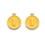 Golden Plated Alloy Enamel Charms, Enamelled Sequins, Flat Round with Alphabet, Letter.I, Yellow, 14x12x2mm, Hole: 1.5mm(ENAM-Q437-13I)