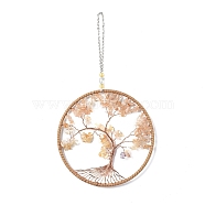Wire Wrapped Chips Natural Yellow Aventurine Big Pendant Decorations, with Iron Chains and Imitation Leather Rope, Flat Round with Tree of Life, 295mm(HJEW-A005-05B)