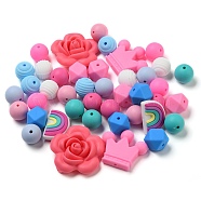 HOBBIESAY 12 Style Silicone Beads, Chewing Beads For Teethers, DIY Nursing Necklaces Making, Rainbow & Crown & Flower, Mixed Color, 14~39x14~40x9~15mm, Hole: 2mm, 42pcs/box(SIL-HY0001-07)