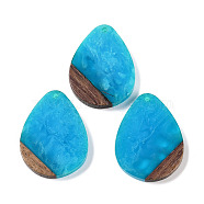 Resin & Wood Pendants, Teardrop Charms, Dodger Blue, 35.5x26.5x3mm, Hole: 2mm(WOOD-F015-07C)