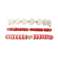 3Pcs 3 Style Polymer Clay Heishi & Natural Shell Heart & Seed Beaded Stretch Bracelets Set for Valentine's Day, Red, Inner Diameter: 2~2-3/8 inch(5.2~5.9cm), 1Pc/style(BJEW-TA00290)