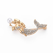 Crystal Rhinestone Mermaid Brooch with Imitation Pearl, Fish Alloy Lapel Pin for Backpack Clothes, Nickel Free & Lead Free, Light Gold, 21x42x9mm, Pin: 0.8mm(JEWB-N007-025LG-FF)