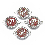 Alloy Enamel Links Connectors, with Crystal Rhinestones, Flat Round with Letter, Silver Color Plated, Letter.P, 22x16x2mm, Hole: 1.8mm(ENAM-TAC0003-01S-05P)