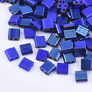 2-Hole Glass Seed Beads, Half Blue Plated Colours, Square, Blue, 5x4.5~5.5x2~2.5mm, Hole: 0.5~0.8mm, about 1180pcs/bag(SEED-S031-L-048-L)