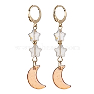 Moon & Star Glass Dangle Leverback Earrings with 304 Stainless Steel Pins, Orange, 55x11mm(EJEW-JE05605-04)