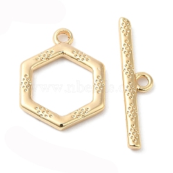 Brass Toggle Clasps, Hexagon, Real 18K Gold Plated, Hexagon: 15.5x12x1.5mm, Hole: 1.4mm, Bar: 20x4x1.5mm, Hole: 1.4mm(KK-P234-89G)