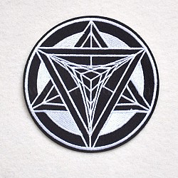 Computerized Embroidery Cloth Iron on/Sew on Patches, Costume Accessories, Appliques, Flat Round with Triangle, Black, 100mm(DIY-O003-15)