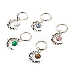 Natural Mixed Gemstone Cabochons Keychain, with Alloy Hollow Pendant, 304 Stainless Steel Pendant Cabochon Settings, Moon with Half Round, 7.4cm(KEYC-JKC00281)