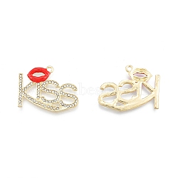 Alloy Rhinestone Pendants, with Enamel, Word Kiss with Lip, for Valentine's Day, Light Gold, 28x34x2mm, Hole: 2mm(FIND-A017-04LG)