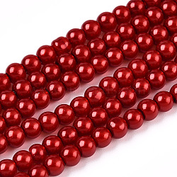 Baking Painted Pearlized Glass Pearl Round Bead Strands, Crimson, 4~5mm, Hole: 1mm, about 210pcs/strand, 31.4 inch(X-HY-Q003-4mm-74)