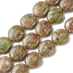 Natural Unakite Beads Strands, Flat Oval, 13~14x12x5.5~6mm, Hole: 1.2mm, about 29pcs/strand, 15.83''(40.2cm)(G-K365-B08-02)