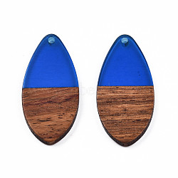 Transparent Resin & Walnut Wood Pendants, Teardrop Shape Charm, Blue, 38x18x3mm, Hole: 2mm(RESI-N025-032-C03)