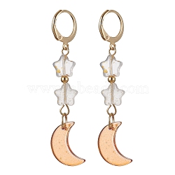 Moon & Star Glass Dangle Leverback Earrings with 304 Stainless Steel Pins, Orange, 55x11mm(EJEW-JE05605-04)