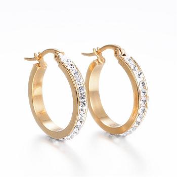 304 Stainless Steel Hoop Earrings, with Polymer Clay and Rhinestone, Ring, Golden, Crystal, 22x21x3.5mm, Pin: 1x0.8mm
