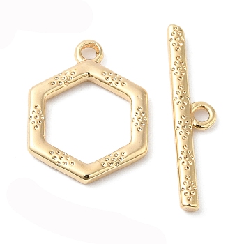 Brass Toggle Clasps, Hexagon, Real 18K Gold Plated, Hexagon: 15.5x12x1.5mm, Hole: 1.4mm, Bar: 20x4x1.5mm, Hole: 1.4mm