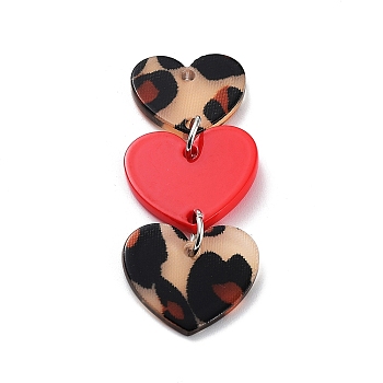 Valentine's Day Opaque Acrylic Pendants, with Iron Jump Rings, Leopard Print Heart, Red, 50x20.5x2.5mm, Hole: 1.8mm