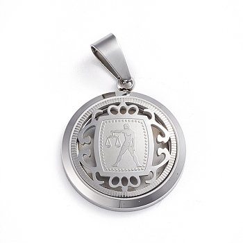 304 Stainless Steel Pendants, Flat Round with 12 Constellation/Zodiac Sign, Stainless Steel Color, Libra, 29x25x4.5mm, Hole: 9x5mm