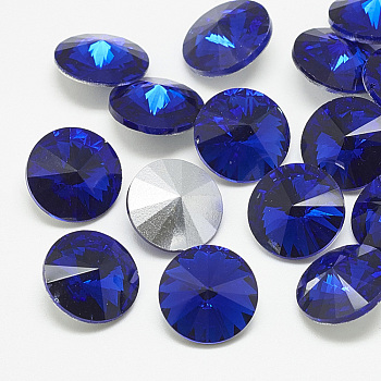 Pointed Back Glass Rhinestone Cabochons, Rivoli Rhinestone, Back Plated, Faceted, Cone, Sapphire, 18x8.5~9mm