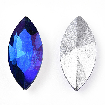 Pointed Back Glass Rhinestone Cabochons, Back Plated, Faceted, AB Color Plated, Horse Eye, Blue, 15x7x4mm