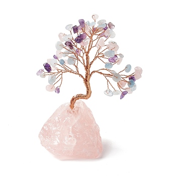 Natural Aquamarine Tree Display Decoration, Natural Rose Quartz Base Feng Shui Ornament for Wealth, Luck, Rose Gold Brass Wires Wrapped, 47~60x88~105x122~145mm