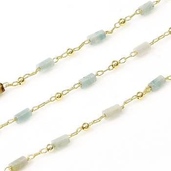 3.28 Feet Handmade Natural Amazonite Beaded Chains, Real 18K Gold Plated Plated Brass Chains, Soldered, Long-Lasting Plated, 4~5x2~2.5mm, Beads: 2mm, Link: 2x1x0.2mm and 2x1.5x0.2mm