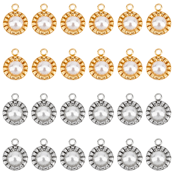 Unicraftale 24Pcs 2 Colors 304 Stainless Steel Pendants, with White Plastic Imitation Pearl Beads, Round, Mixed Color, 12x9.5x3mm, Hole: 1.8mm, 12pcs/color