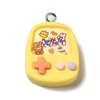 Opaque Resin Pendants, Game Machine Charms, with Platinum Tone Iron Loops, Champagne Yellow, 25x17x6.5mm, Hole: 2mm