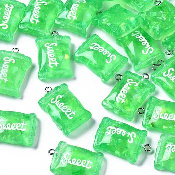 Transparent Resin Pendants, with Paillette & Platinum Tone Iron Peg Bail, Candy with Word Sweet, Spring Green, Platinum, 29x18.5x8mm, Hole: 2mm