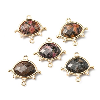 Natural Rhodonite Links, with Light Gold Plated Edge Brass Loops and Crystal Rhinestone, Faceted, Eye, 21x20x5mm, Hole: 1.2mm and 1.6mm