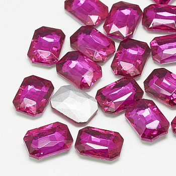 Pointed Back Glass Rhinestone Cabochons, Faceted, Rectangle Octagon, Rose, 10x8x3.5mm